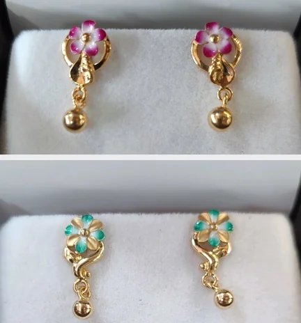 Two pairs of small gold drop earrings with pink and green enamel flowers